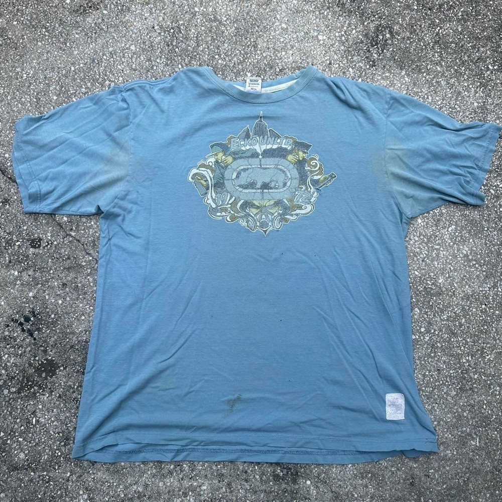 Y2K Ecko Unltd. aqua blue graphic tee ornate crest design Size 2XL